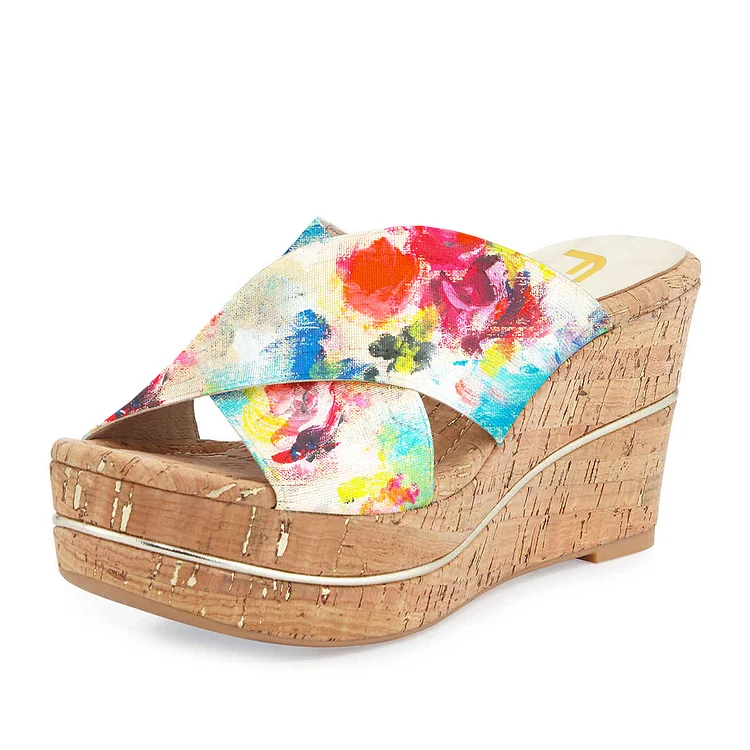 FSJ Floral Cork Wedge Sandals Open Toe Summer Platform Mules |FSJ Shoes