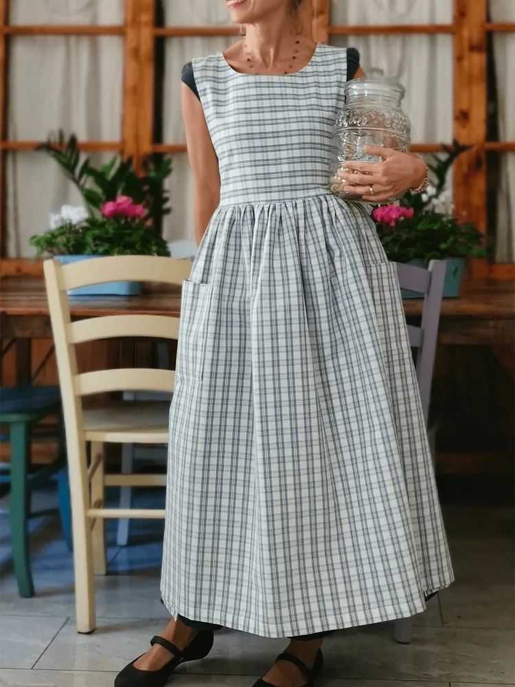 Light Blue and Cream Tartan Cotton Apron