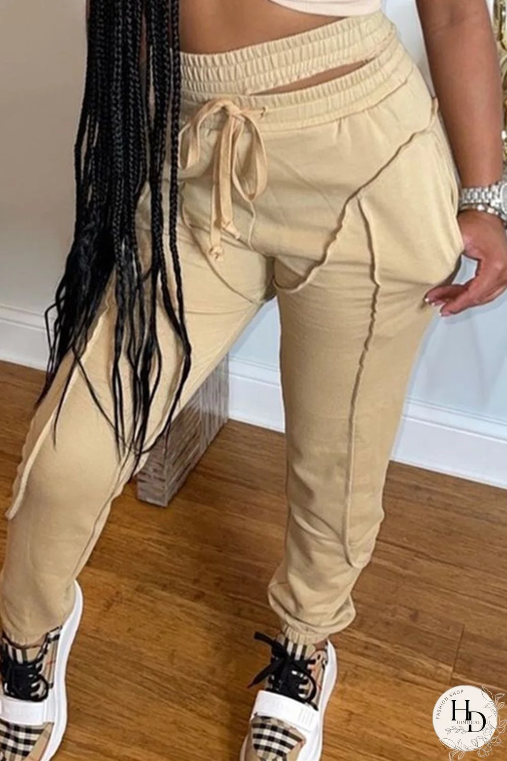 Light Brown Fashion Casual Solid Split Joint Regular High Waist Trousers