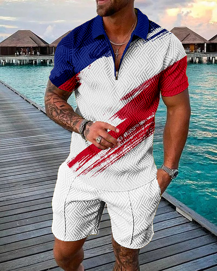 Men's Fashion Flag Print Short Sleeve Polo Suit