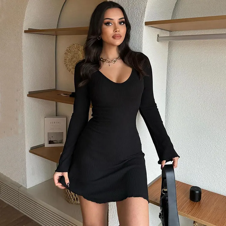 Women Clothing Summer Solid Color Rib Long Sleeve Waist Dress 