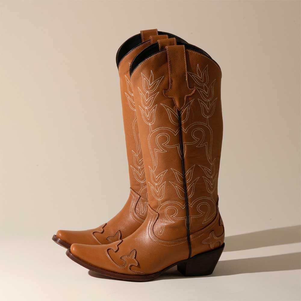 Brown Snip Toe Floral Embroidered Chunky Heel Western Boots for Women