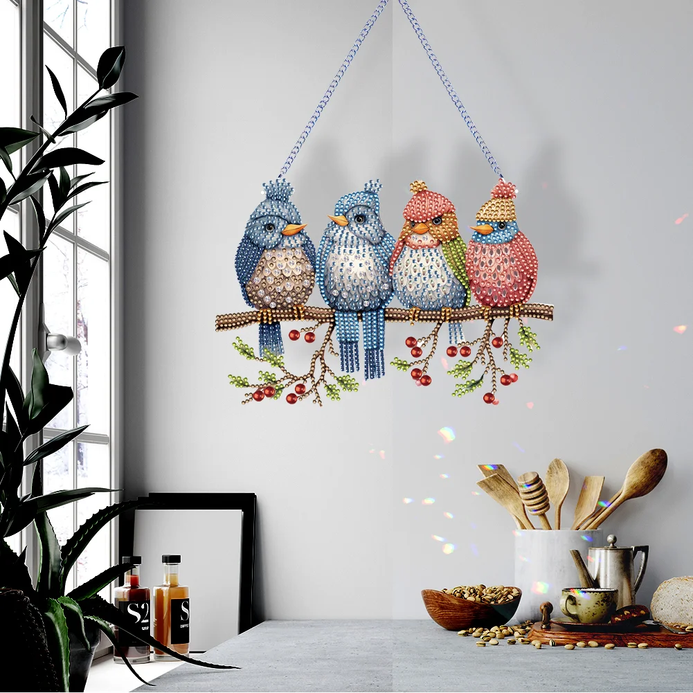 DIY Birds on Branch Acrylic Single-Sided Diamond Painting Hanging Pendant