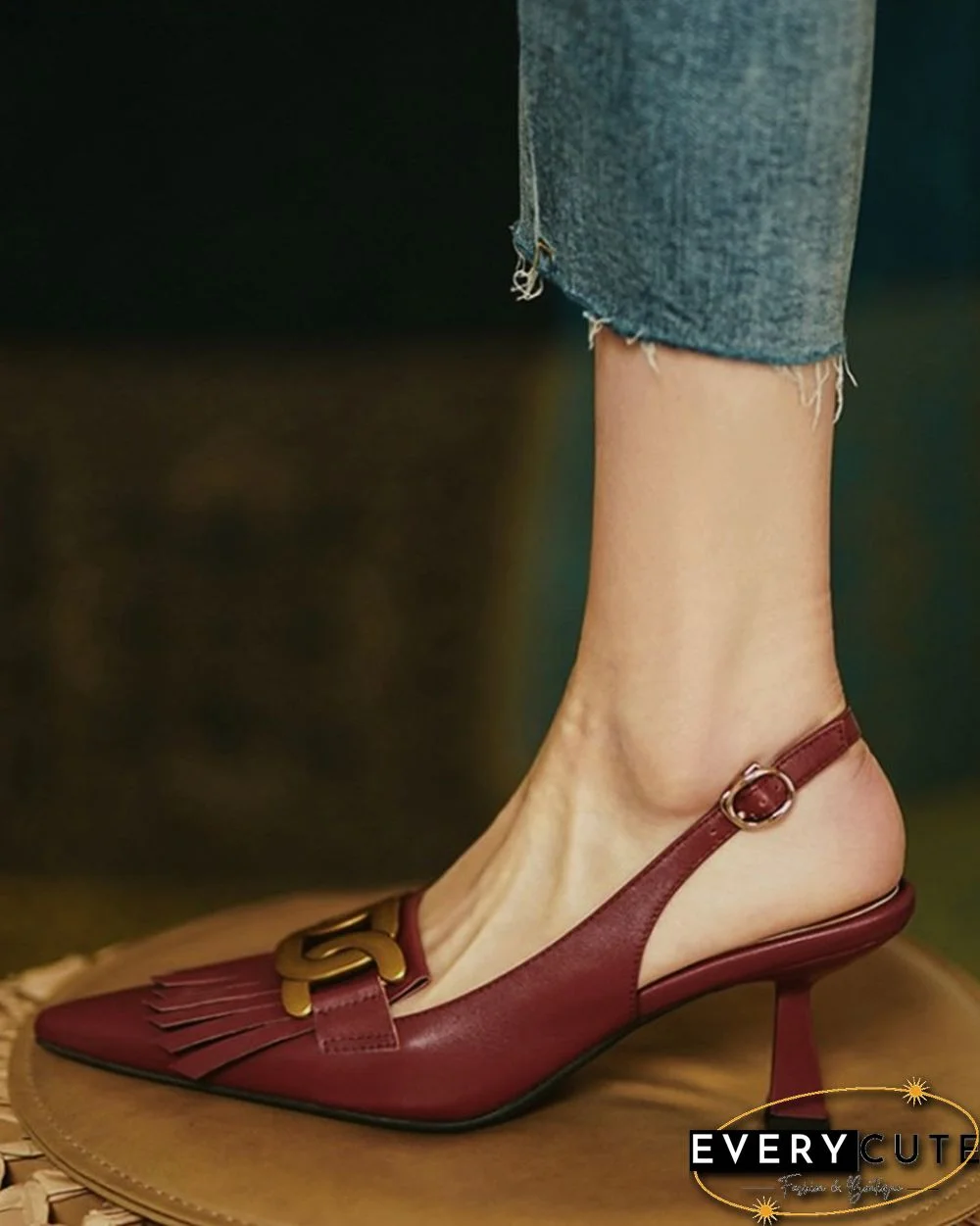 Pointed-toe Solid Color Splicing Tassel Buckles PU Leather High Heels