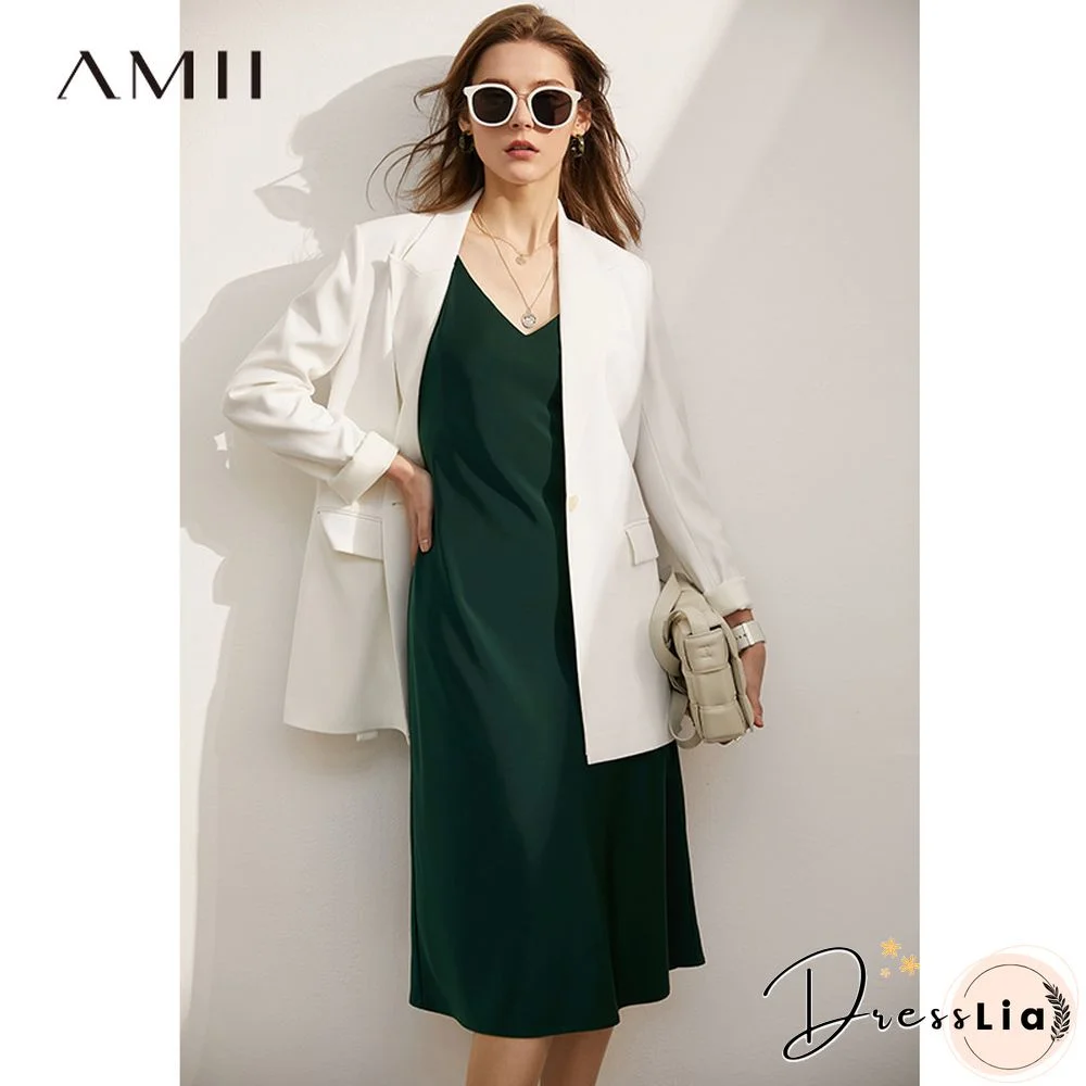 Minimalism Vintage Womens Summer Dress Offical Lady Solid Vneck Slim Fit Aline Calf Length Beach Dress For Women 12130034