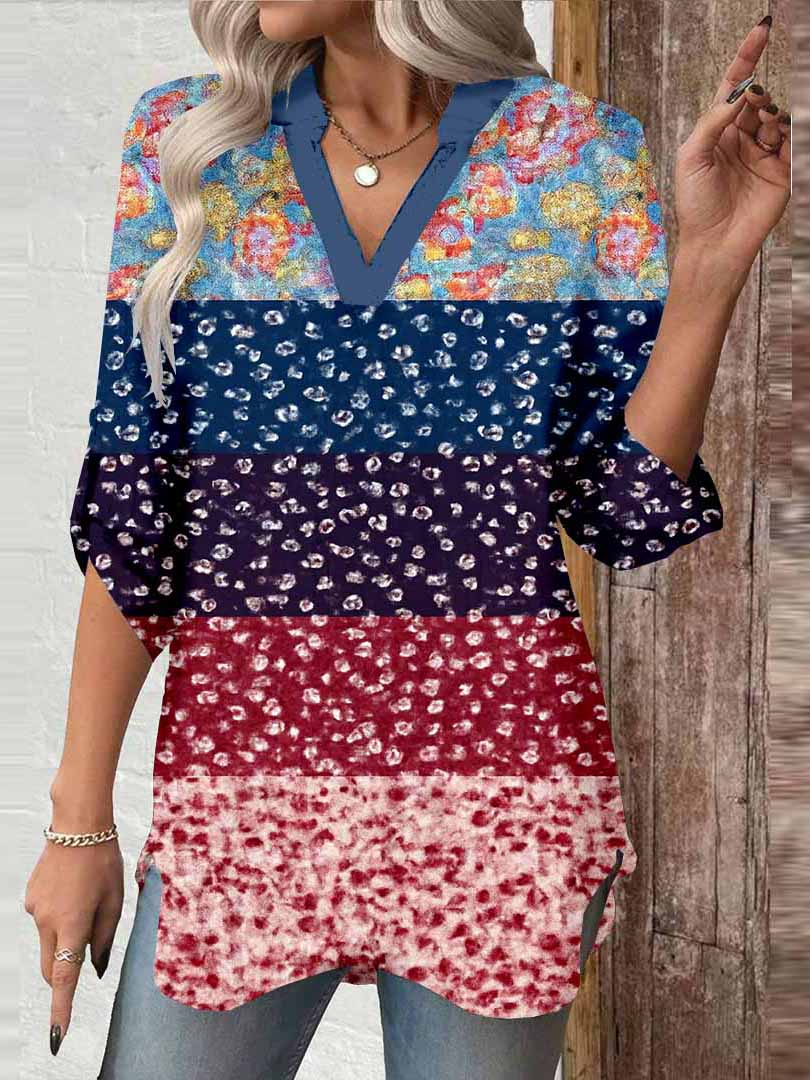 Women Floral, Red, Patchwork DZGA0061 3/4 Sleeve V-neck Printed Graphic Button Tops