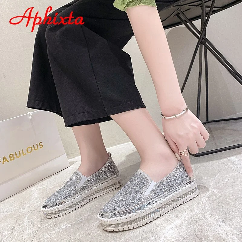 Aphixta Women Sequins Flats Slip On Spring Autumn Loafers Solid Color Platform Casual Round Toe Women Shoes Flats Ladies Loafer