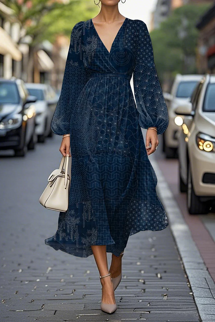 Elegant Art Print Lantern Sleeve V-Neck A-Line Midi Chiffon Dress