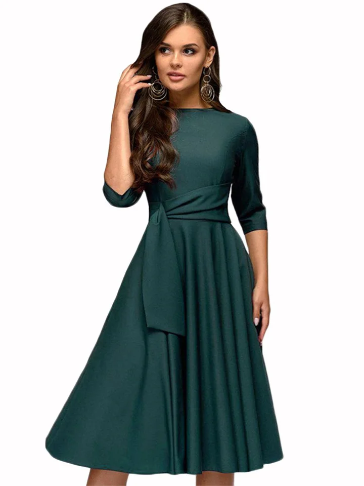 Women's Swing Dress Knee Length Dress Dark Green Navy Blue Beige 3/4 Length Sleeve Pure Color Lace up Fall Winter Crew Neck Stylish Elegant Casual Party Slim 2022 S M L XL XXL | 168DEAL
