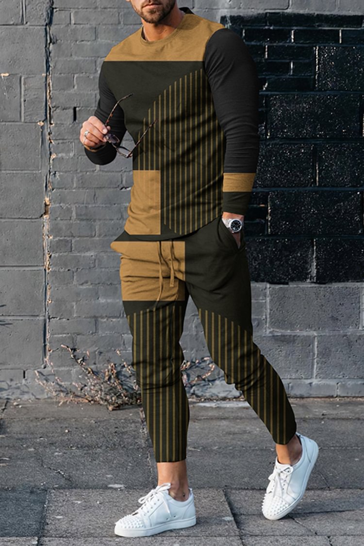 Tiboyz Men's Geometric Color Blocking Casual Long Sleeve T-Shirt And Pants Two Piece Set