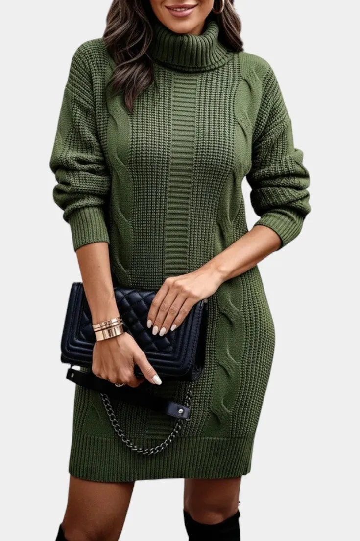Elevated Turtleneck Knit Dress with Cable Texture