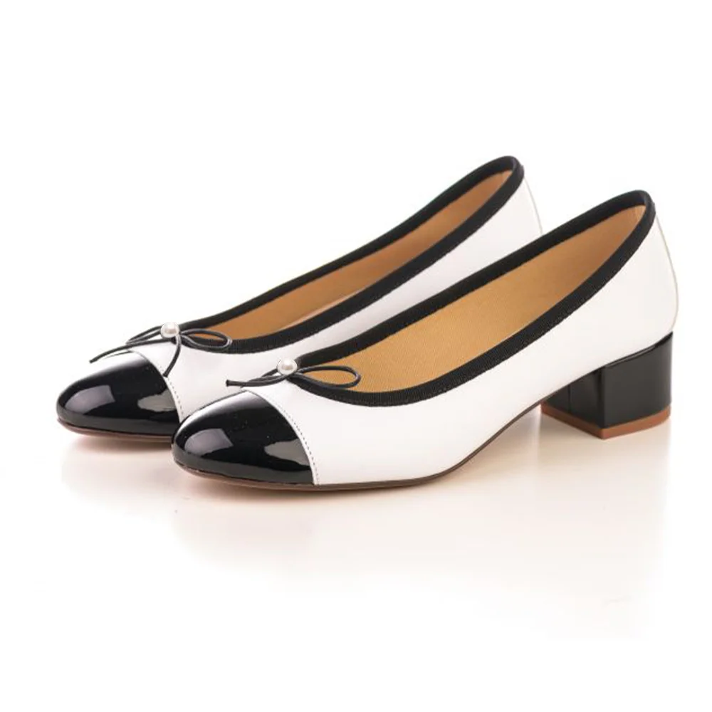 Round Toe White Colorblock  Pumps With Pearl Bow Decor Chunky Low Heel Nicepairs