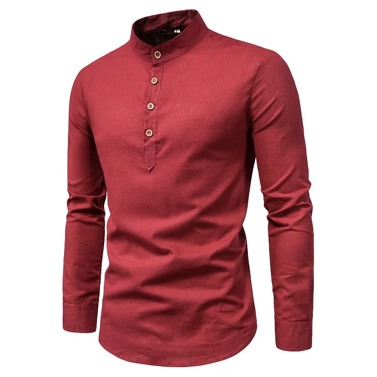 BrosWear Men's Solid Color Stand Up Collar Casual Half Open Button Long Sleeve  Shirt
