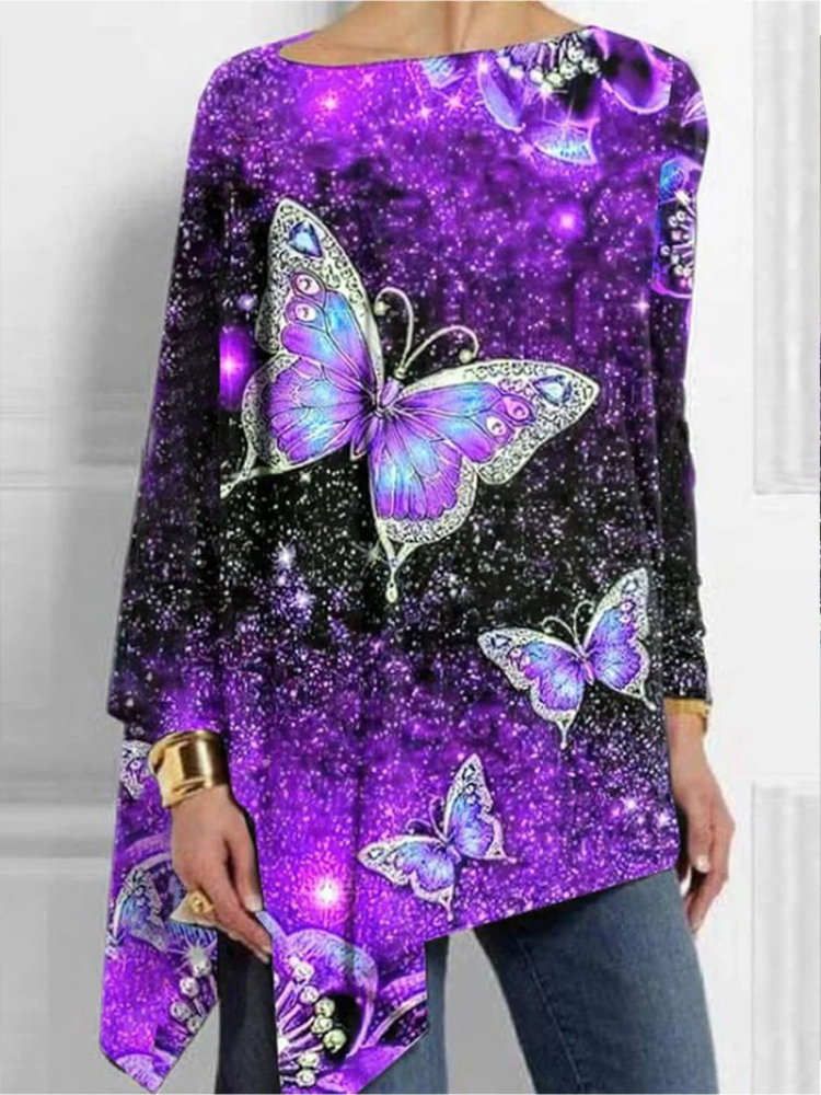Women's Shiny Butterfly Print Cropped Top Bat Sleeve T Shirt