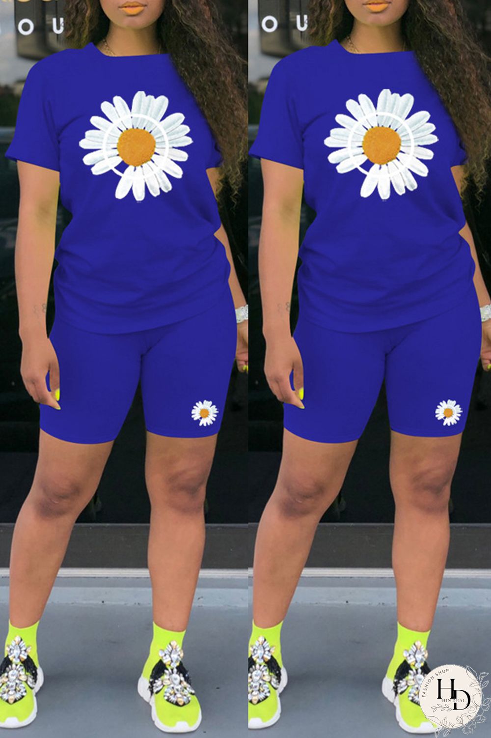 Black Fashion Casual Print Basic O Neck Short Sleeve Two Pieces