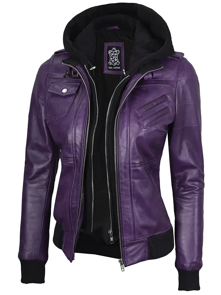 Edinburgh Purple Hooded Leather Bomber Jacket QueenFunky