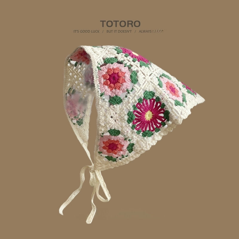 French Retro Turban Women’s Triangle Scarf Hair Belt Spring And Summer Travel Sweet Cute Handmade Crochet Artistic Style Baotou Hat