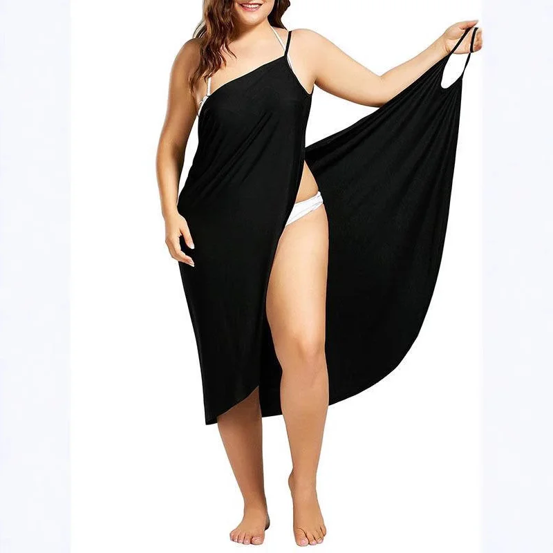 Uveng Uveng New Plus Size Dress Solid Color Sexy Sling Beach Dress