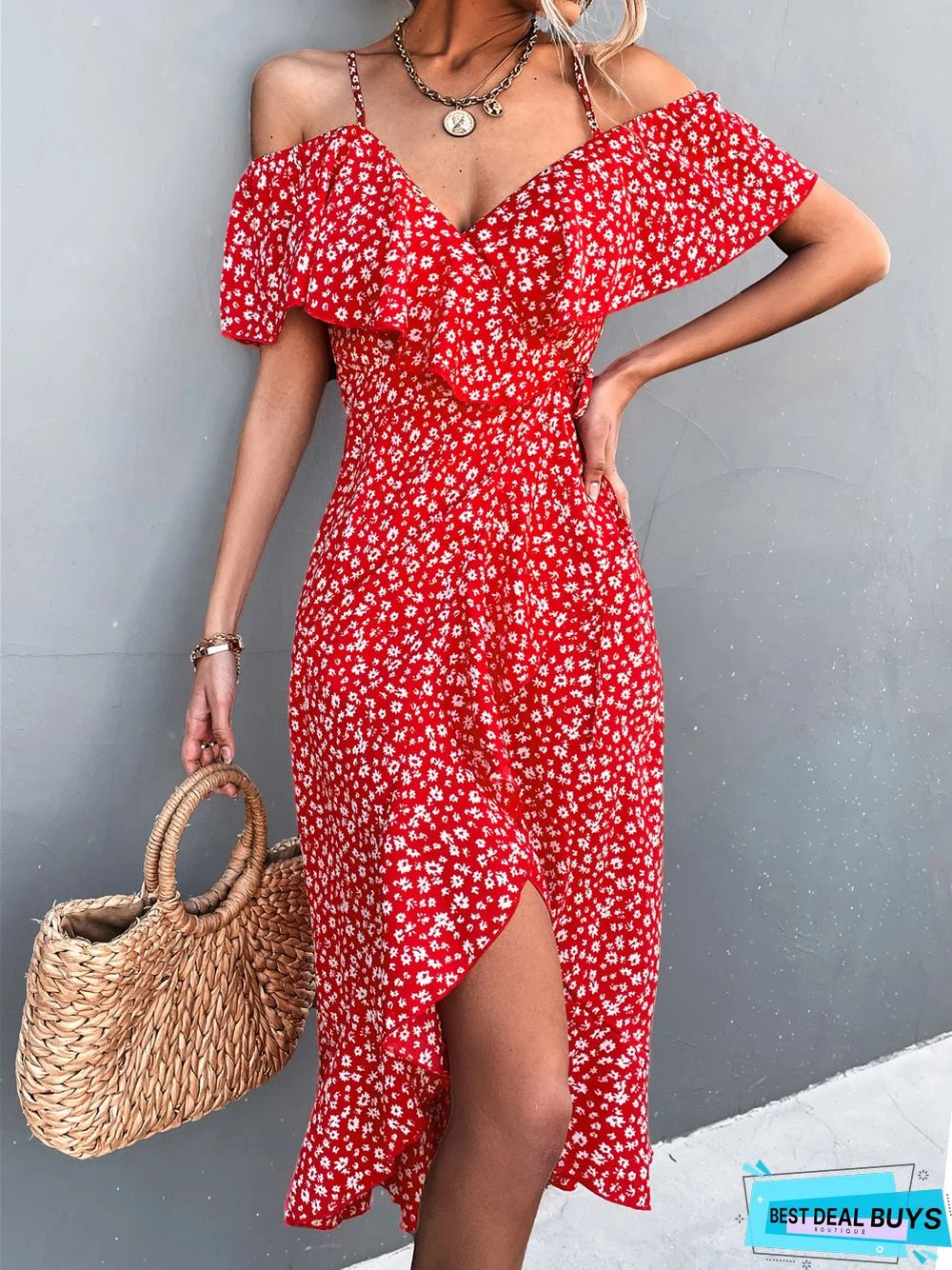 One Shoulder Floral Halter Dress Irregular Dress