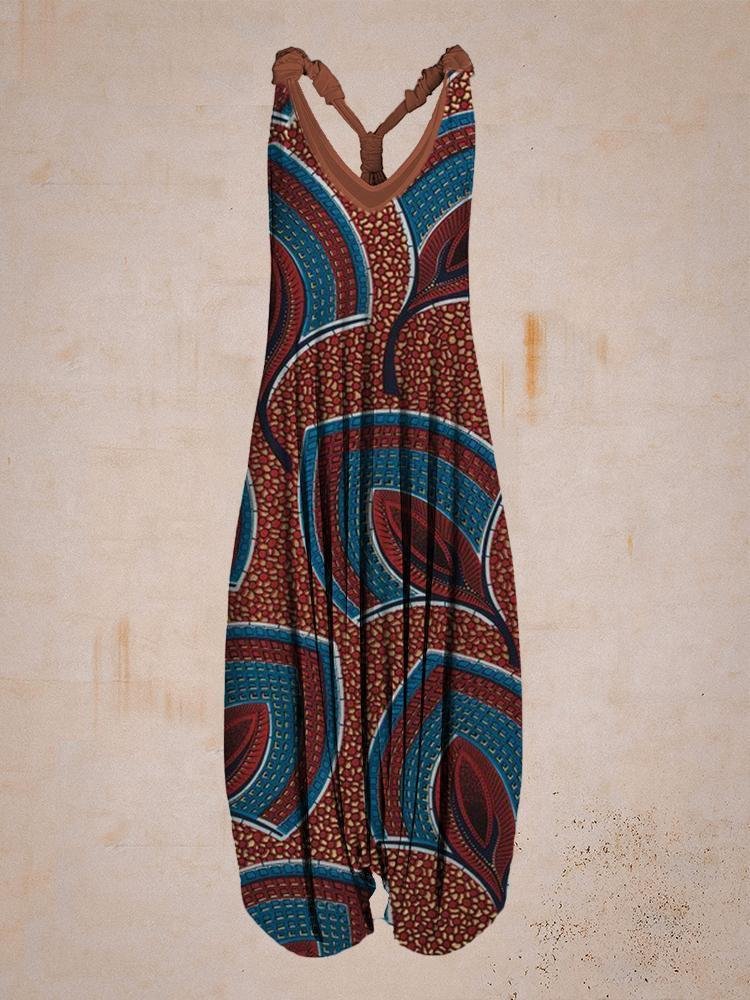Women Retro Pattern Sleeveless Harem Jumpsuit