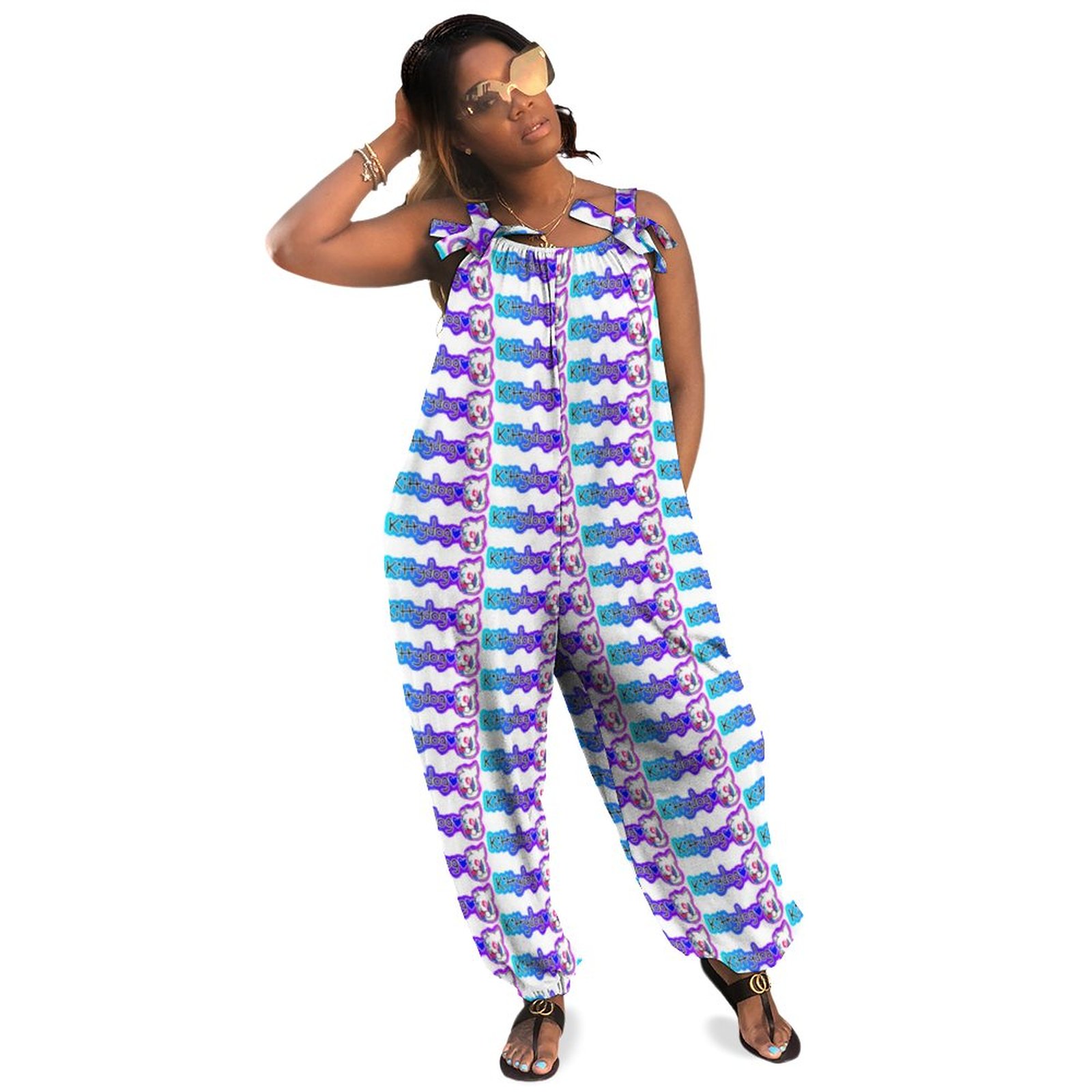 Kittydog Logo Plus Size Women Rompers Summer Casual Loose Dressy Jumpsuit Culotte Style Boho Natural Waist Pockets Polyester Spandex