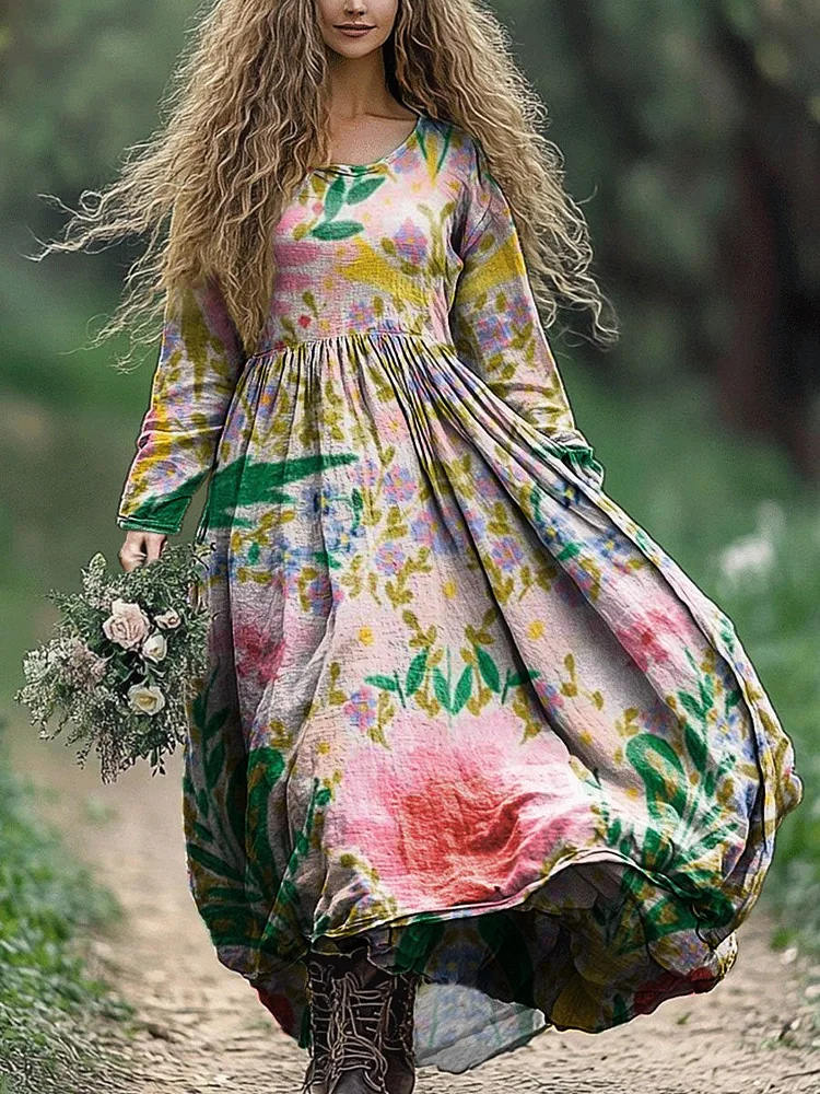 Women's Vintage Floral Art Print Pocket Cotton Dress
