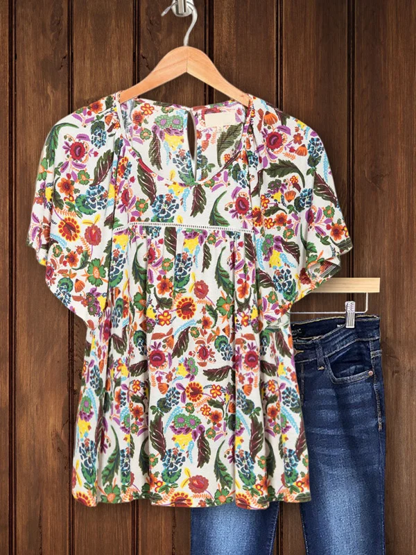 Floral Print Paneled Babydoll Top