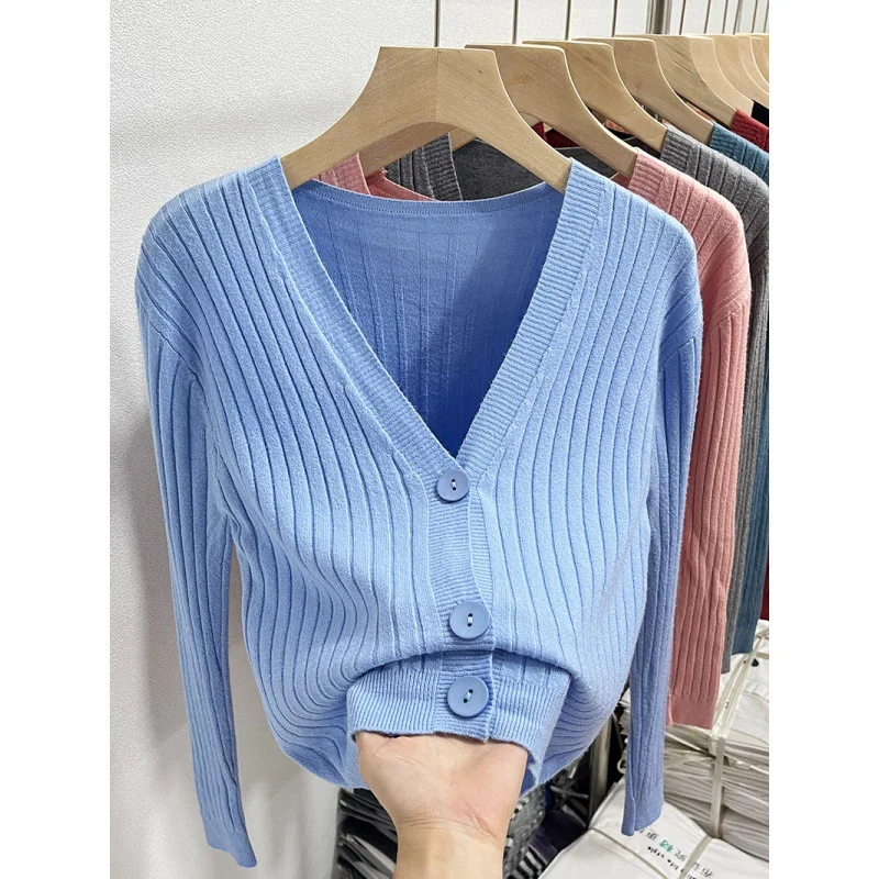 Uveng Uveng Knitted V-Necked Cardigan Trend New Thin Shirt Sweater Coat Short Top Female