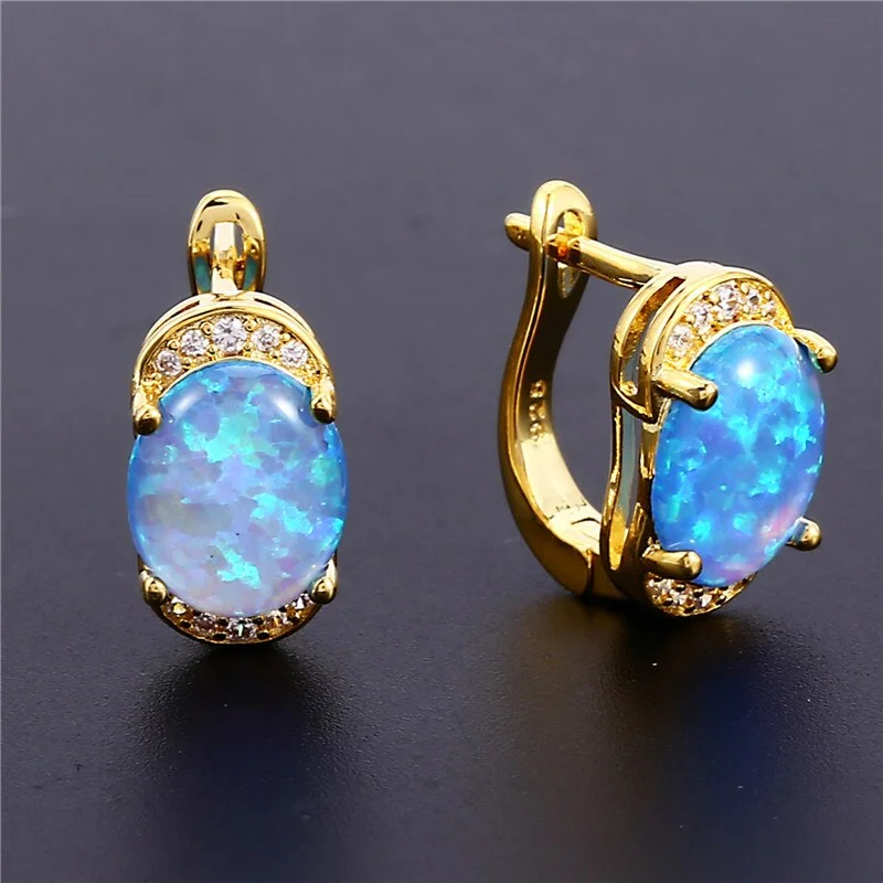 Cute Female Small Oval Earrings Yellow Gold Silver Color Clip Earrings For Women Vintage Blue White Opal Wedding Earrings
