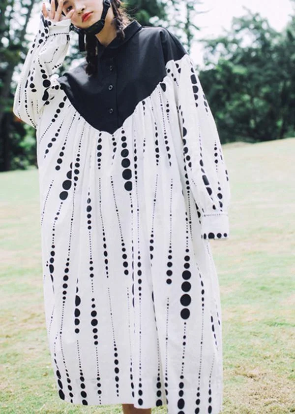 Black White Dot Circle Peter Pan Collar Cotton Long sleeve Dress