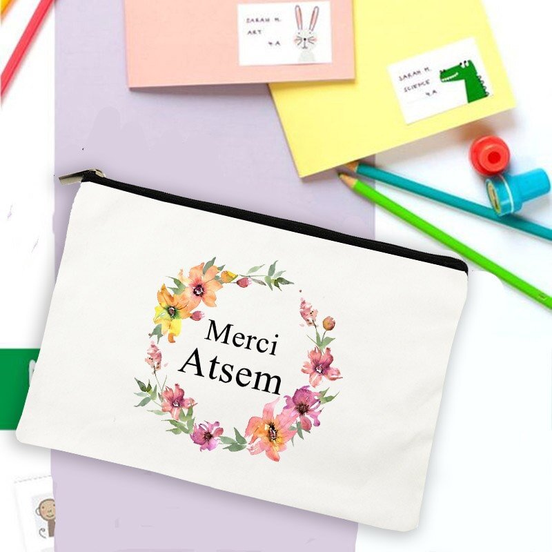 Merci Atsem French Print Pencil Case School Stationery Supplies Storage Bags Travel Toiletries Pouch Makeup Bag Best Atsem Gifts