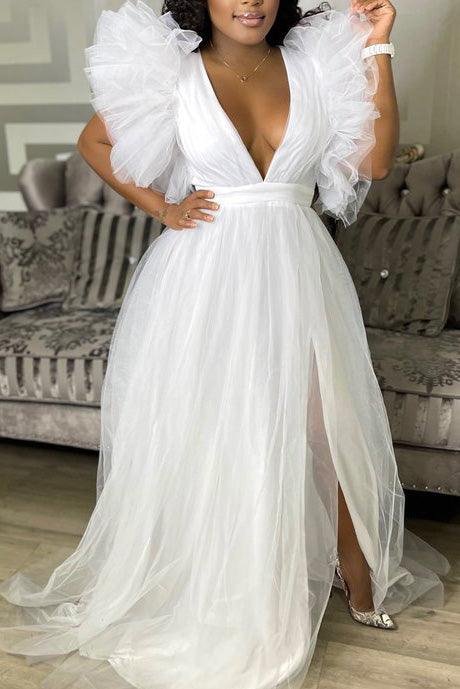 Plus Size White Tulle Dresses Puff Sleeve Maxi Dress