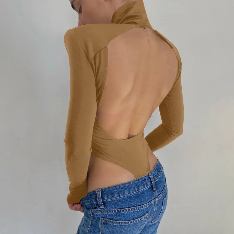 Hugcitar 2020 Long Sleeve Shoulder Padded Backless Sexy Bodysuit Autumn Winter Women Fashion High Neck Pure Romper Body