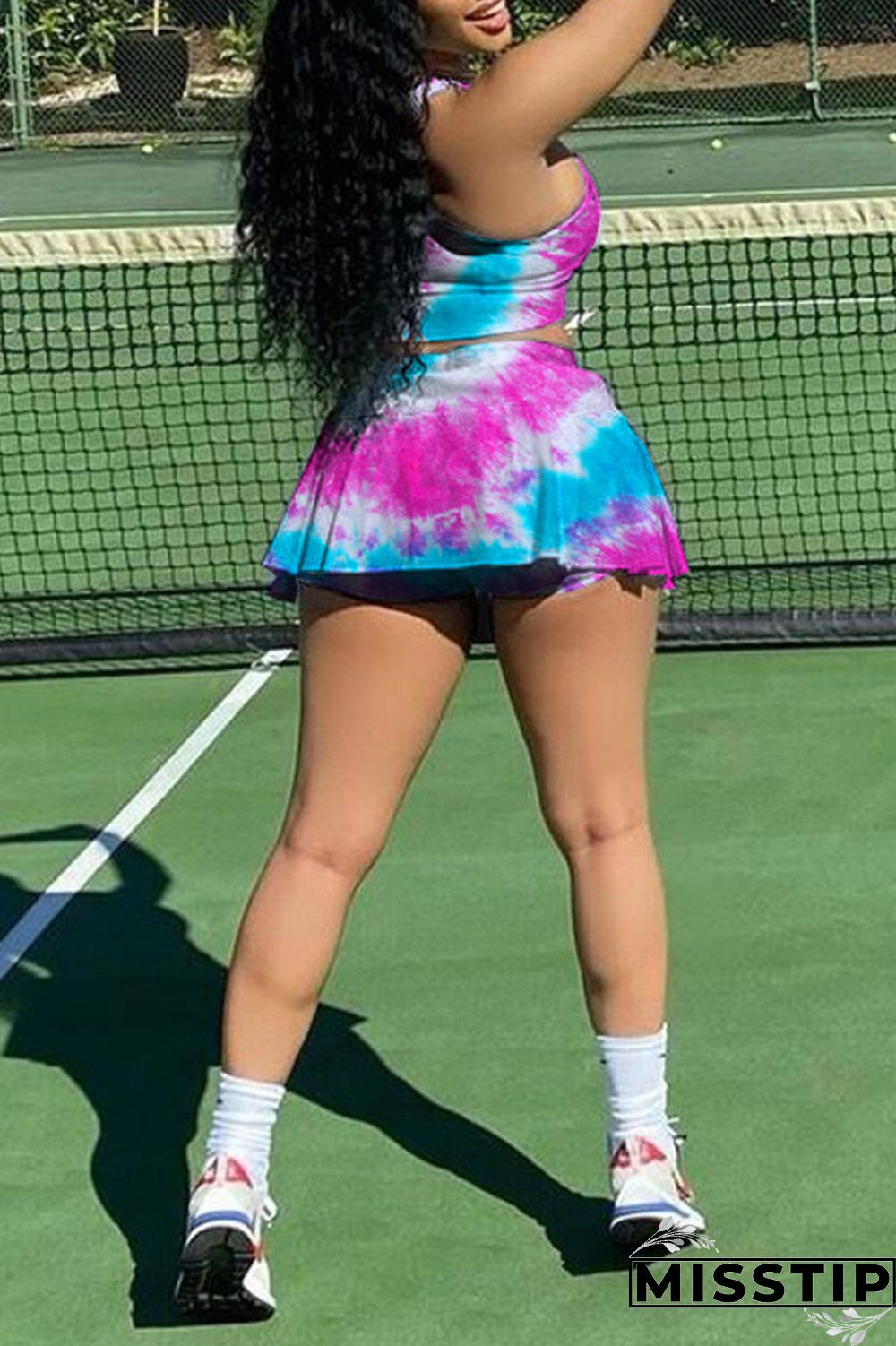 Green Yellow Sexy Casual Print Tie Dye Vests U Neck Sleeveless Two Pieces