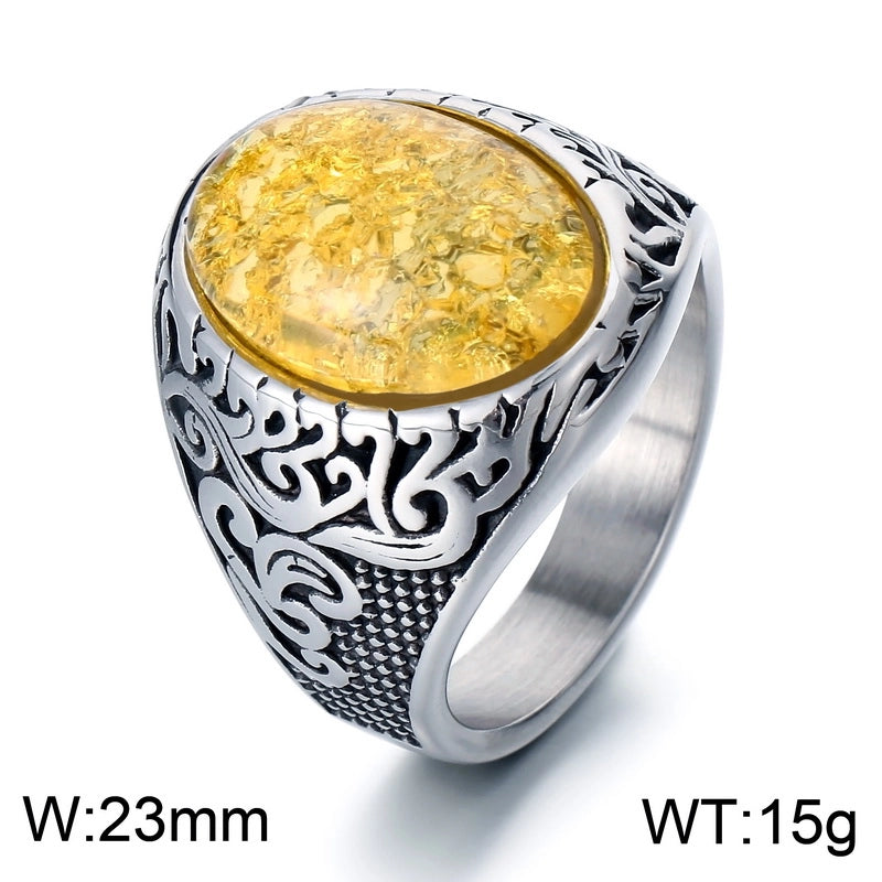 Jewelry Hip-Hop Oval 304 Stainless Steel Natural Stone 18K Gold Plated Inlay Rings