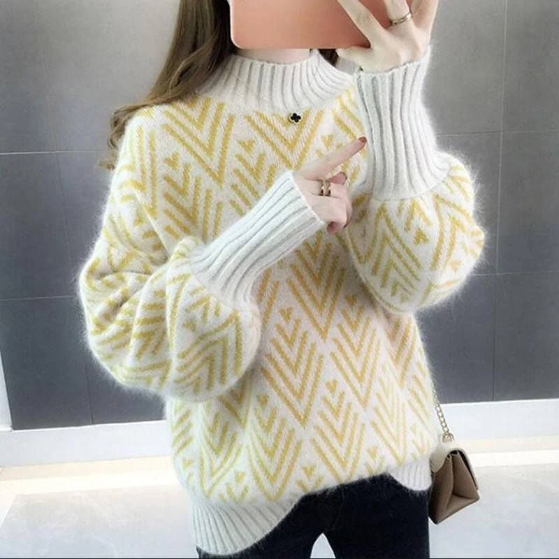 Women Knitted Sweater Fashion Loose half high collar Casual Pullover Thicken Ladies Winter Sweater Korean Style Women Jumper