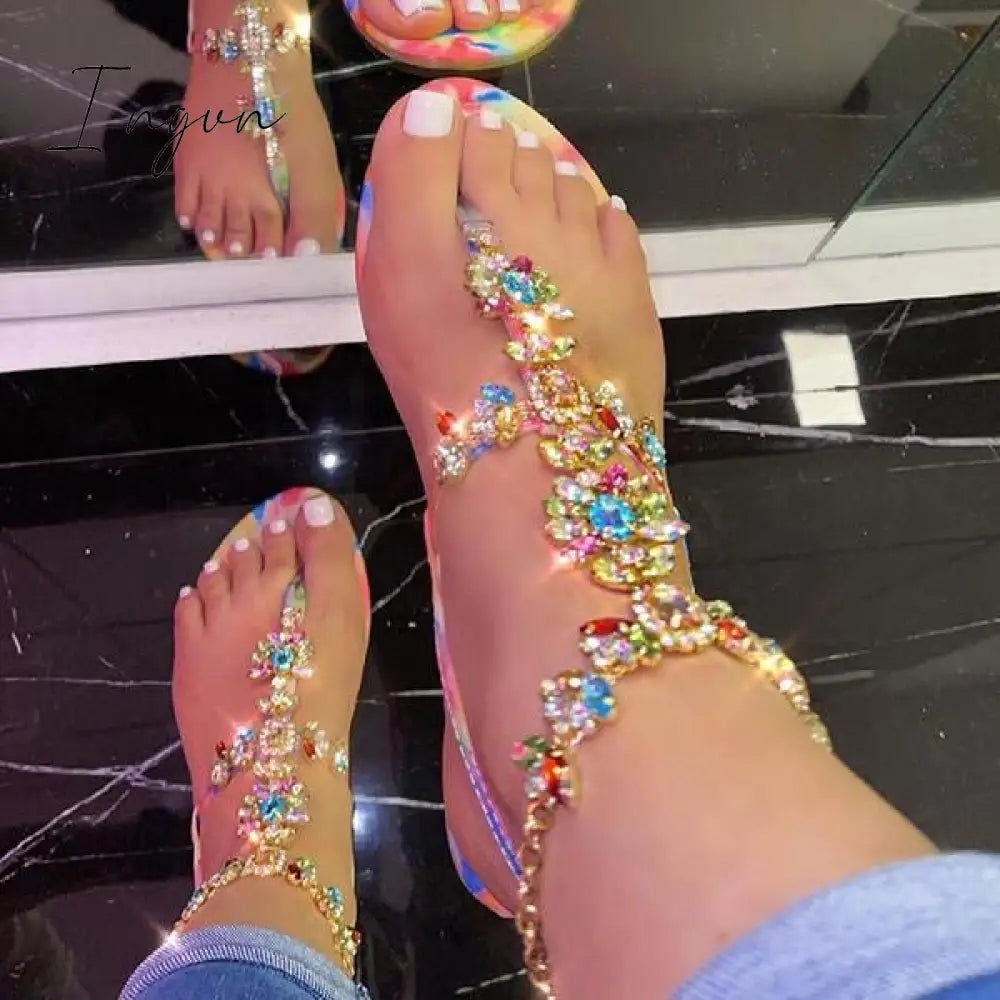 Ingvn - Stylish Crystal Strap Lace-Up Sandals Multicolor / 5