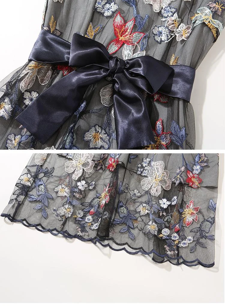 Women's sleeveless flower elegant temperament mesh embroidered belt dress