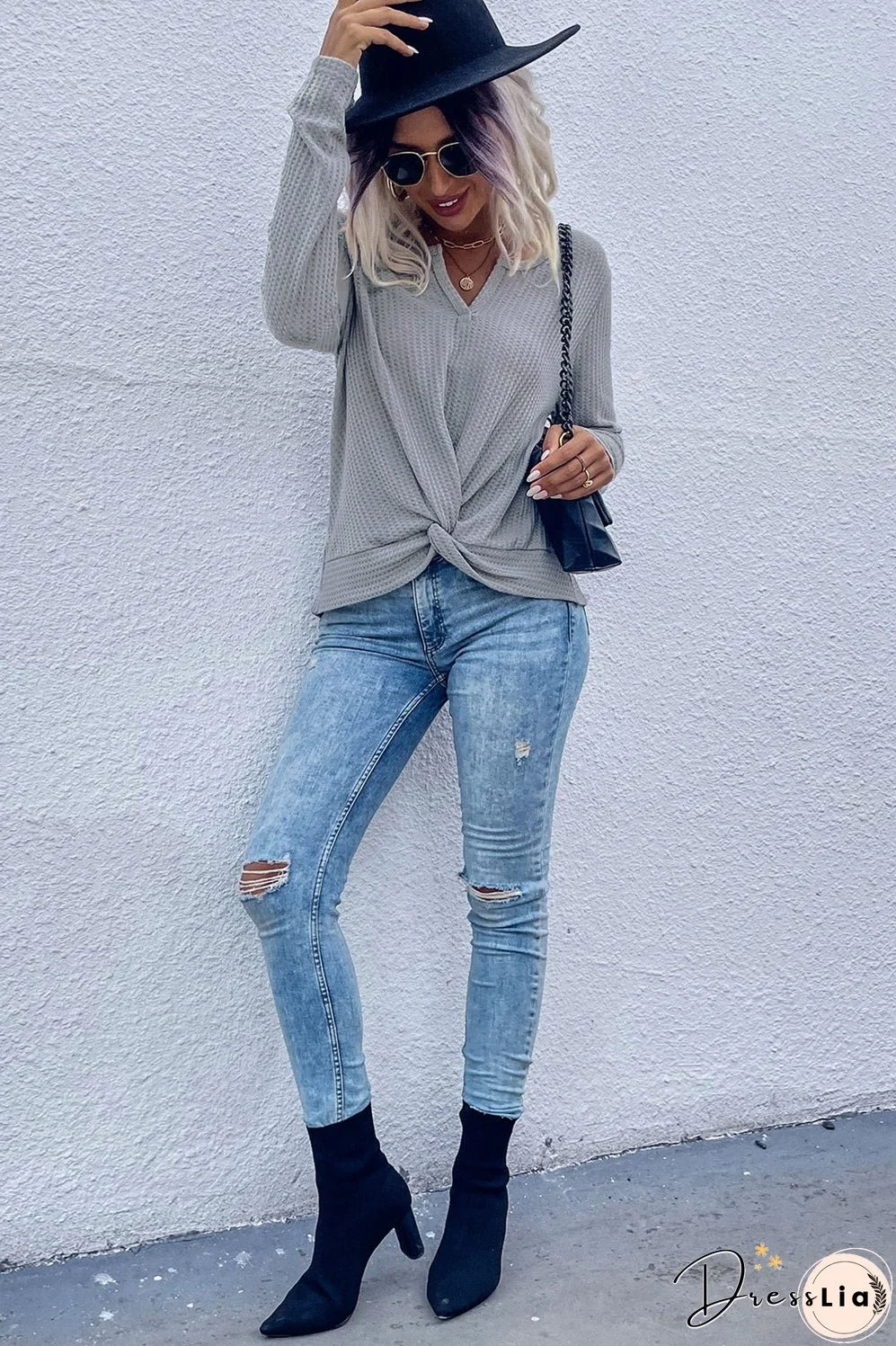 Twist Front Long Sleeve Waffle Knit Top