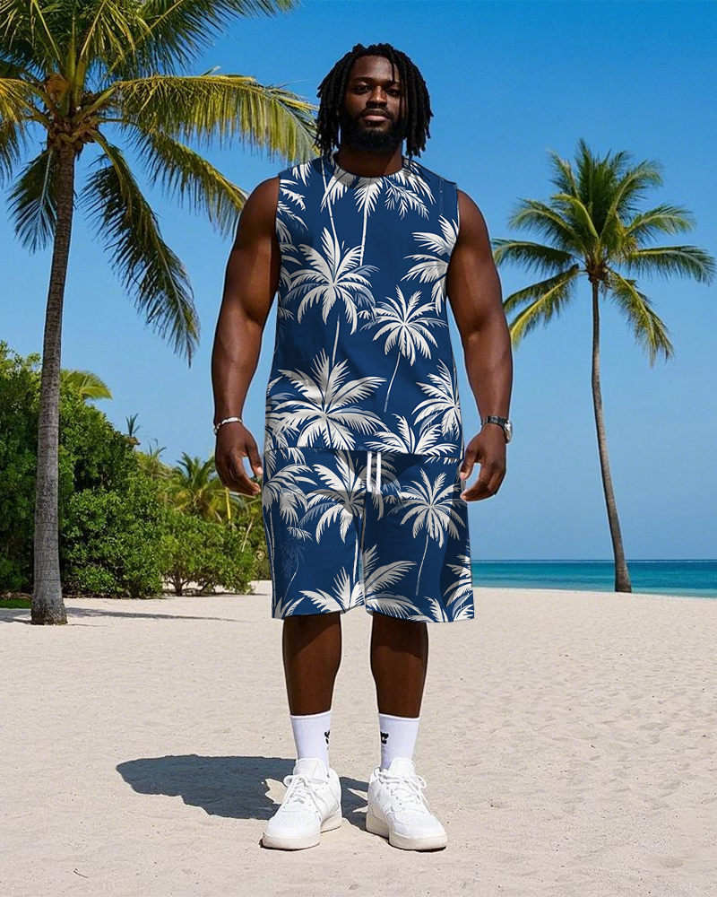 Men's Big Size Fashion Tropical White Coconut Trees Printed Hawaiian Vest and Shorts Set