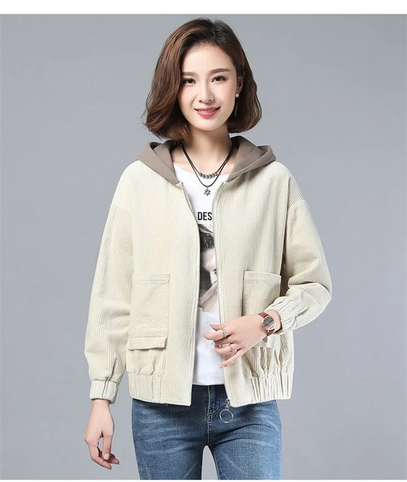 Spring Autumn New Women Jackets Corduroy Coat Streetwear Hooded Casual Windbreaker Female Zippers Jacket Outerwear Plus Size 3xl