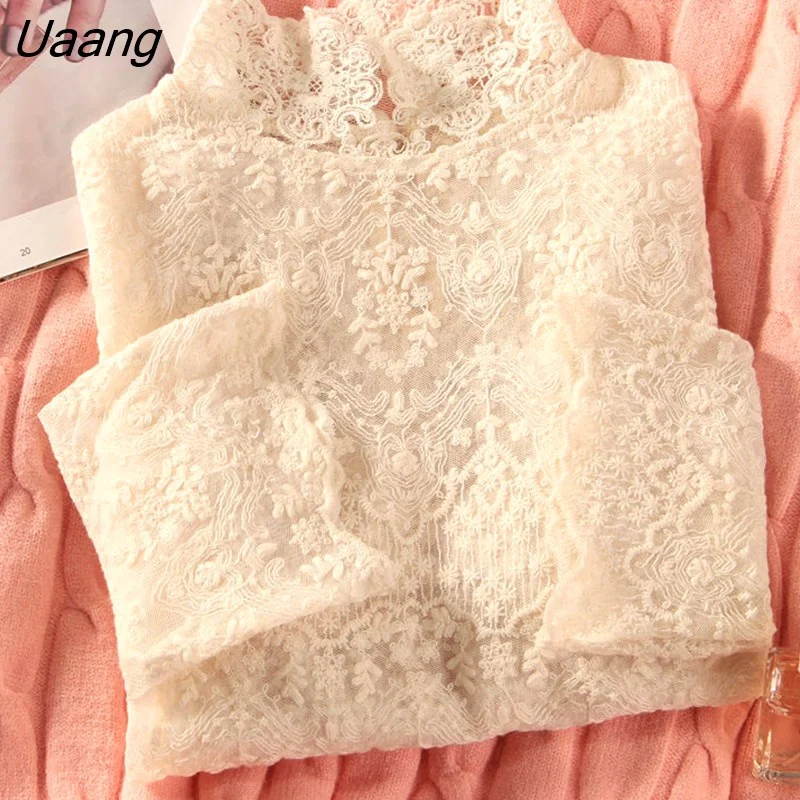 Uaang Women Half High Collar Lady Soft Inside Temperament Fashion Autumn Streetwear Ulzzang Pure Color Tops Simple Lace Mujer