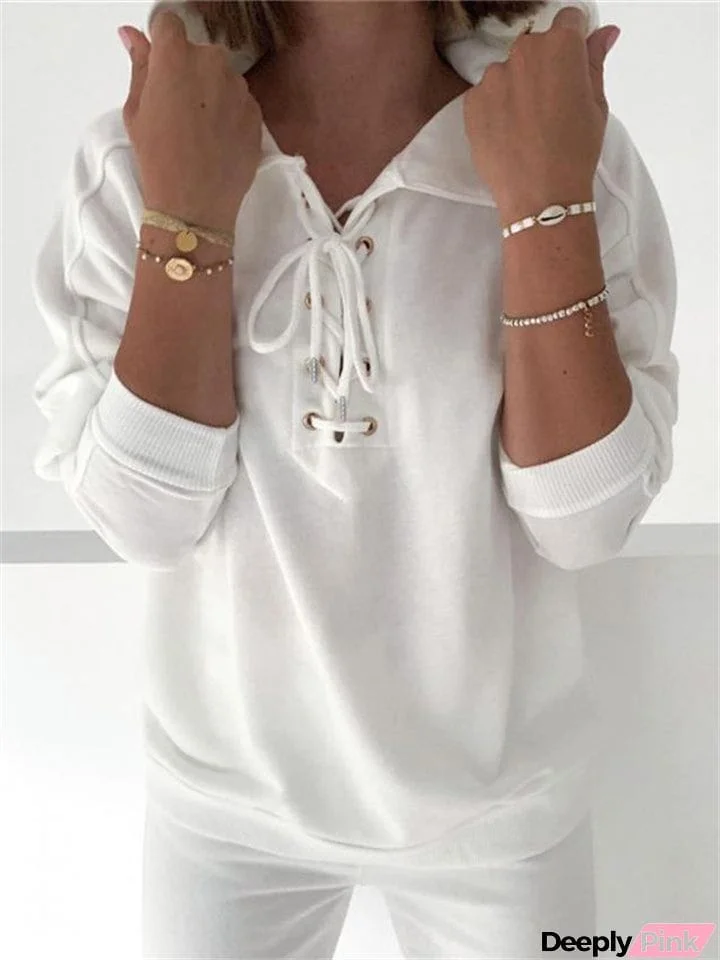Sports Casual Solid Color Lace Up Long Sleeve Hoodies for Women