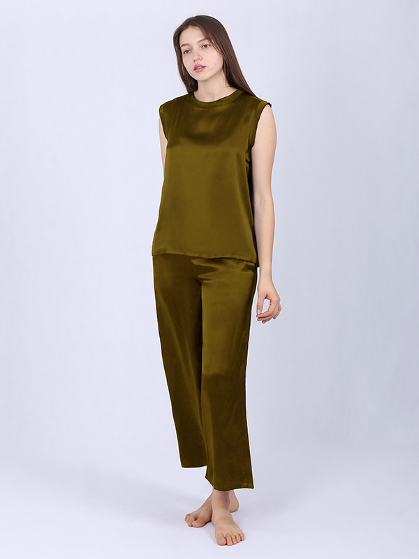 22 Momme Tank Style Silk Pajamas Yellow Green