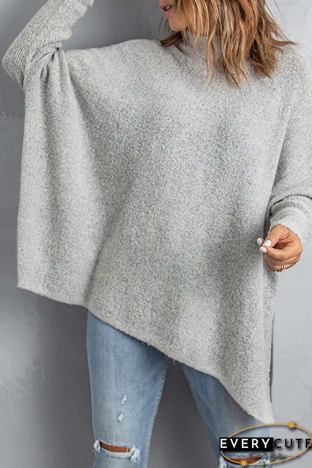 Grey High Neck Oversized Sweater with Slits