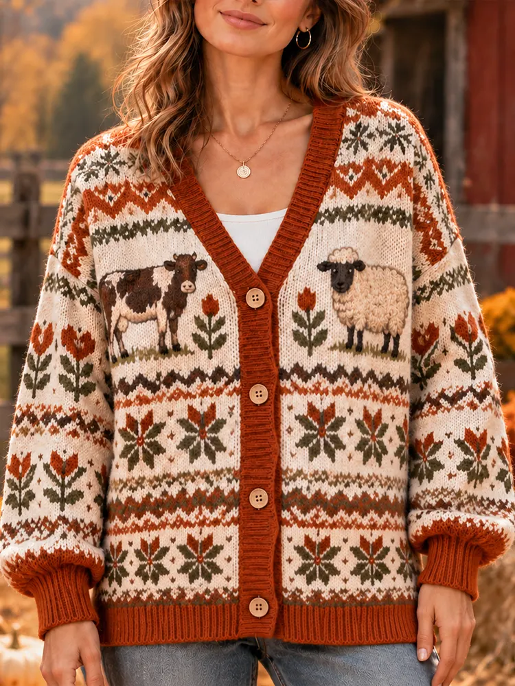 Comstylish Women's Cow, Sheep And Floral Nordic Pattern Knit Cardigan