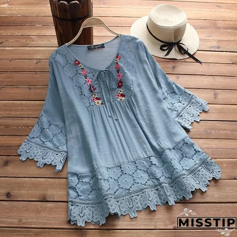 Women's Summer Cotton Linen Stitching Lace Elegant V-neck Blouses