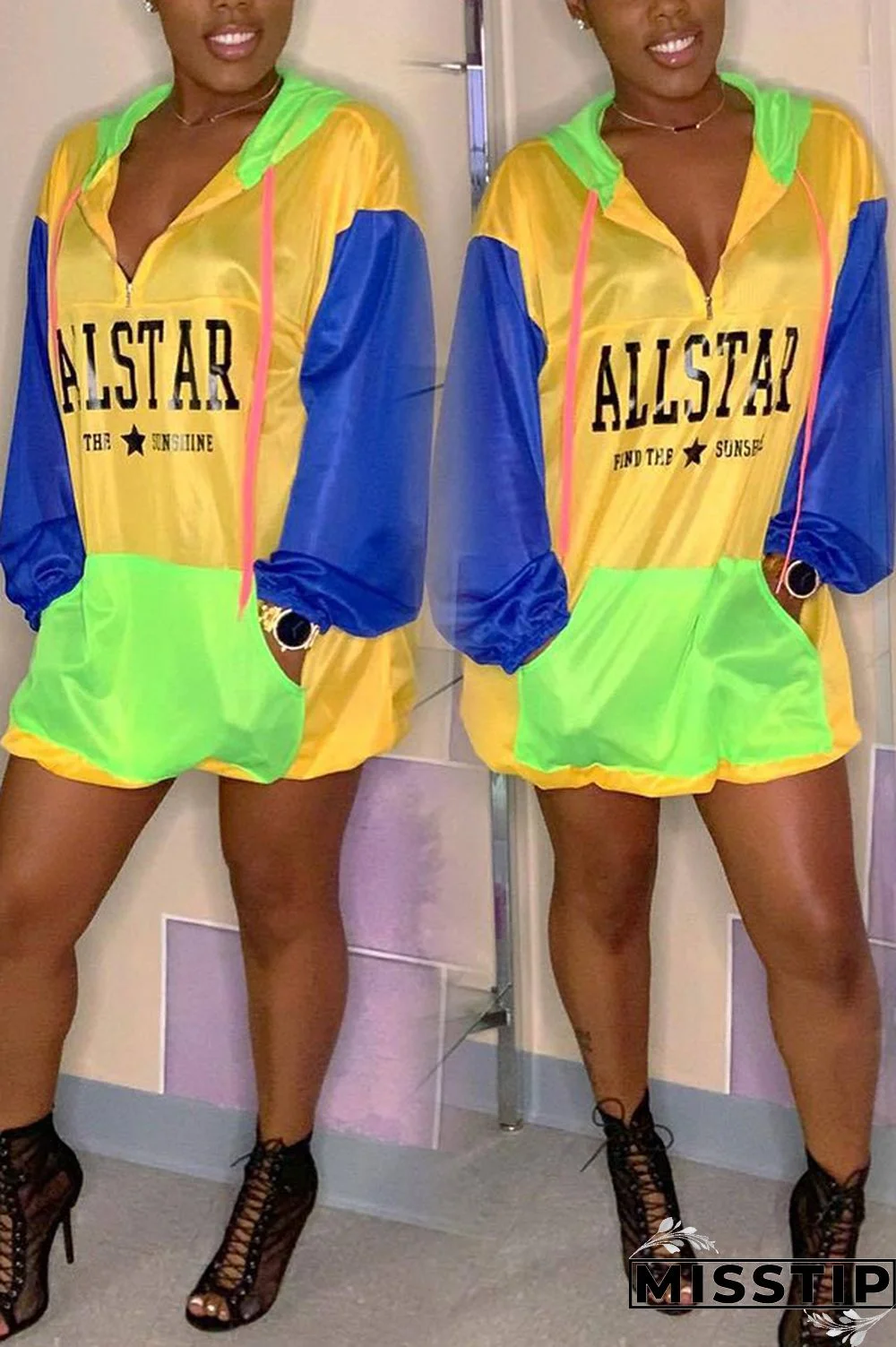 Yellow cardigan Patchwork Letter Print Zippered Print Long Sleeve Blazer & Suits &Jacket