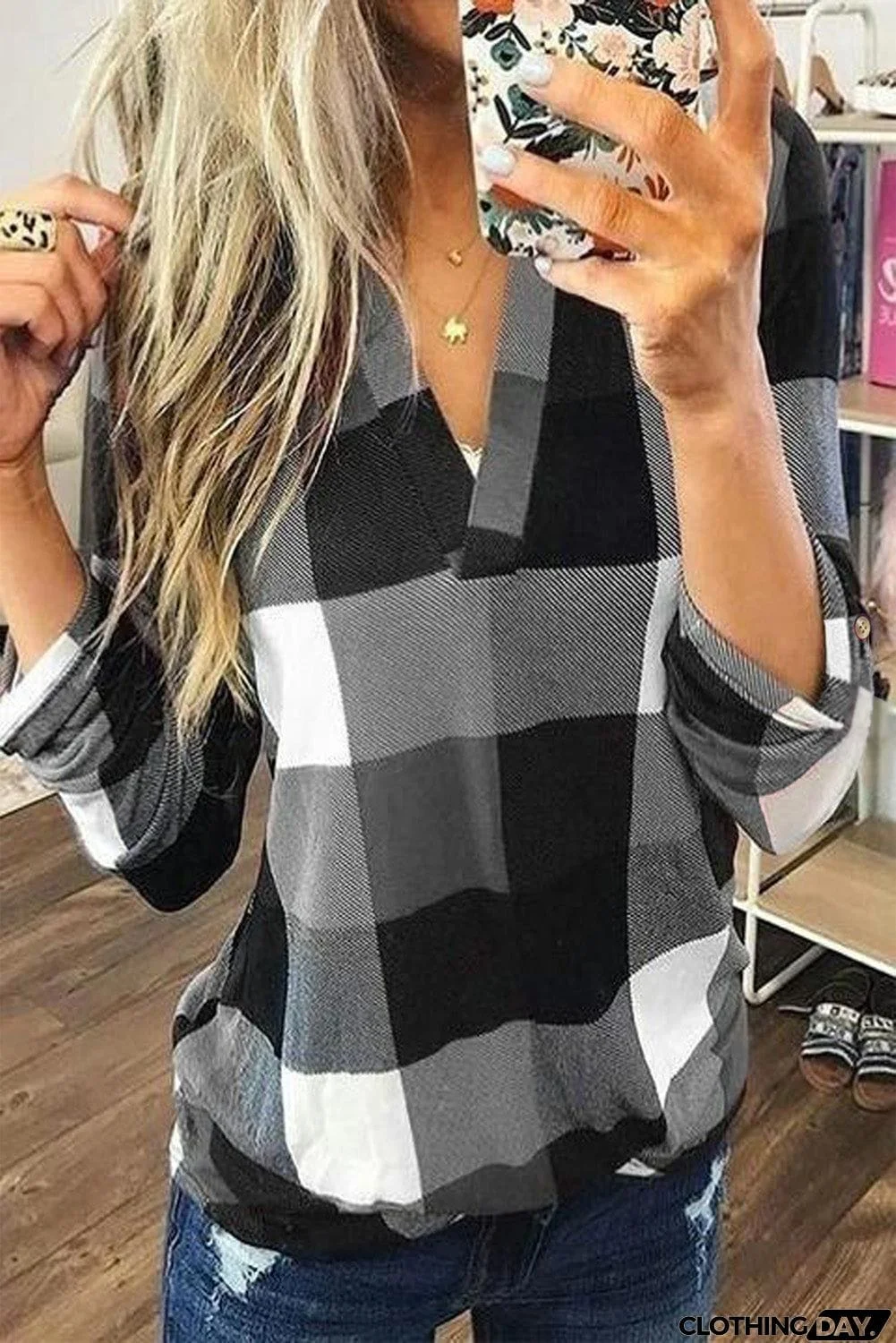 Contrast Plaid V Neck Long Sleeve Top
