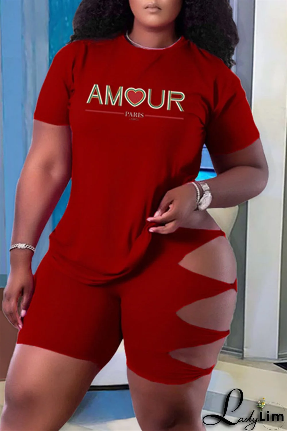 Green Fashion Casual Letter Print Ripped O Neck Plus Size Two Pieces